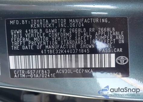 2004 Toyota Camry Le z USA, uszkodzony, nr VIN 4T1BE32K44U371845